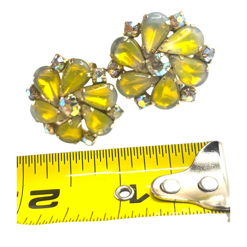 Coro Clip On Earrings Yellow Excellent Vintage Moonglow Floral AB Rhinestone